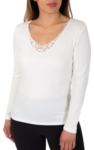 Emmebivi 40% Cotton 16% Wool Top with Long Sleeve and Lace in Ivory 26524