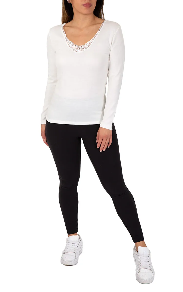 Emmebivi 40% Cotton 16% Wool Top with Long Sleeve and Lace in Ivory 26524